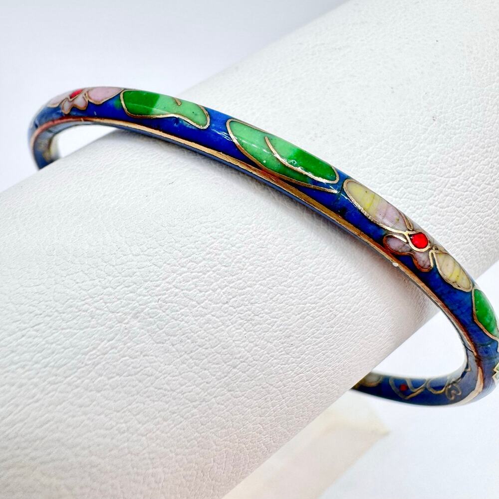 Vintage Blue Cloisonné Bangle Bracelet Pink Yellow Flowers Green Leaves 8”